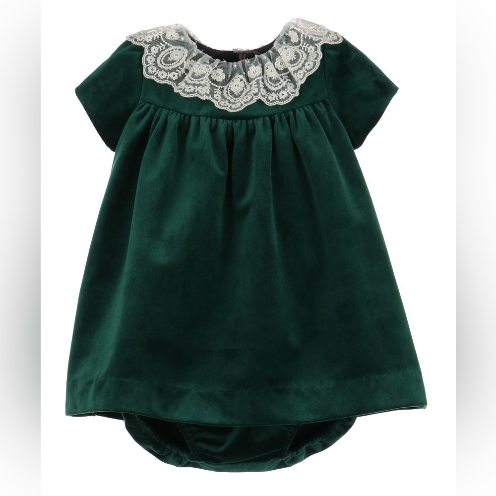 LULI & ME GIRLS DELUXE VELVET FLOAT DRESS - LACE COLLAR - GREEN